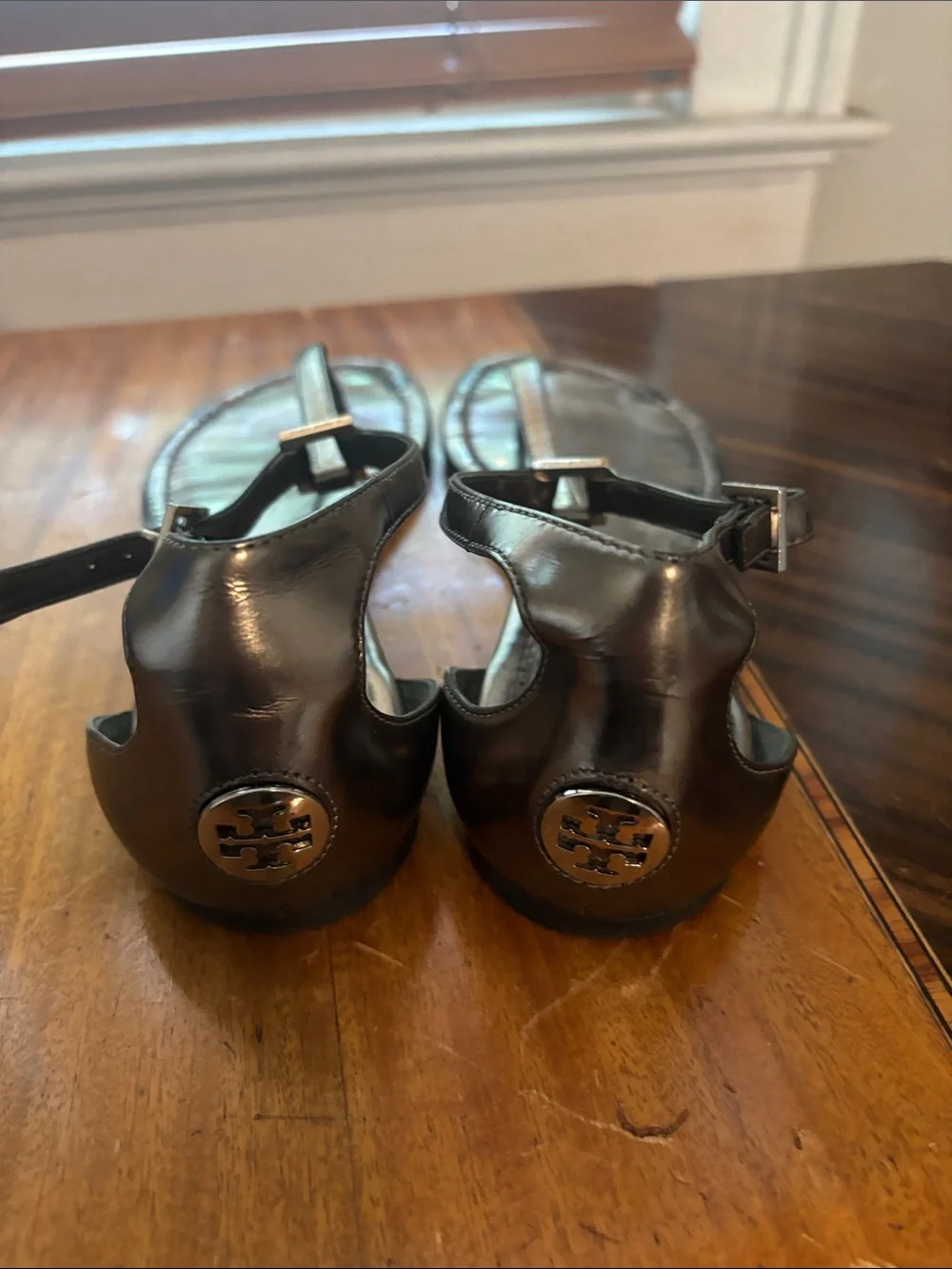 Tory Burch Metallic Brown Logo T-Strap Sandals